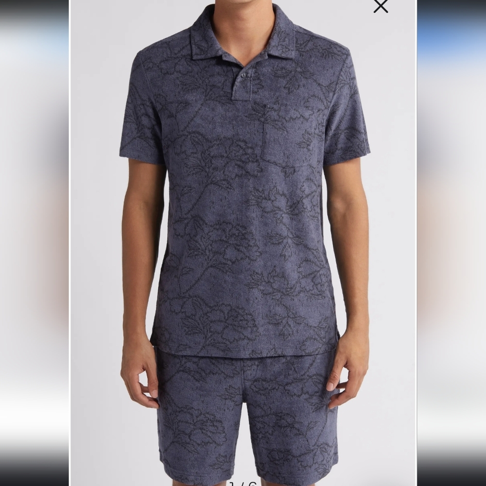 Treasure & Bond Charcoal Floral Terry Cloth Polo Shirt